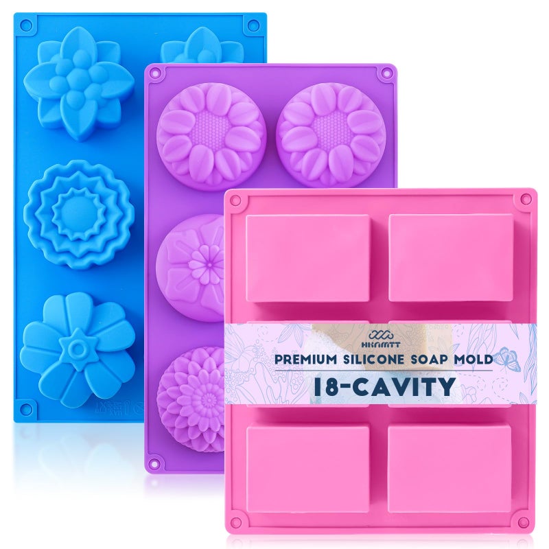 HKNMTT Square Flower Rectangle Bar Molds Silicone, 7 Shapes for Chocolate Soap Making Shower Steamer Homemade Bath Bomb Lotion Shampoo Bar Dessert DIY Set Non-stick Craft Food Grade 3 Pack - Image 1