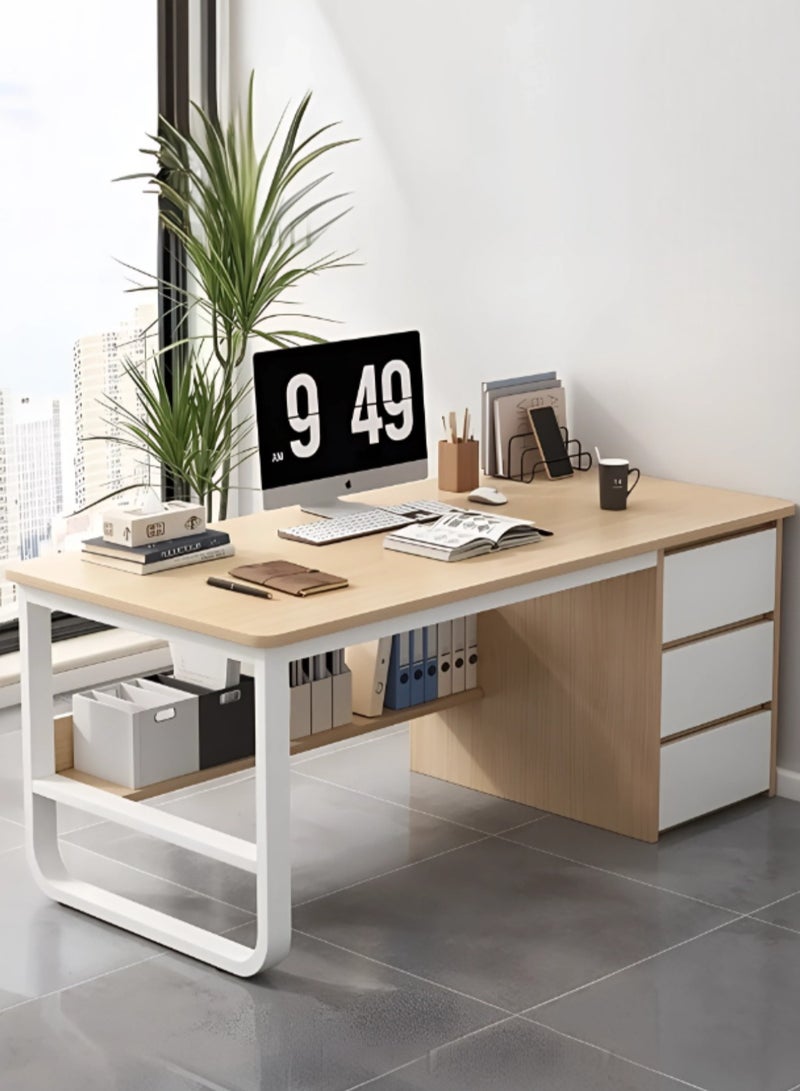 AIWANTO Modern Home Office Desk with 3 Large Drawers – Multifunctional Study & Laptop Table, Sturdy Bottom Shelf, 140x73.5x50cm, Stylish Workstation for Office & Home Use - Image 1