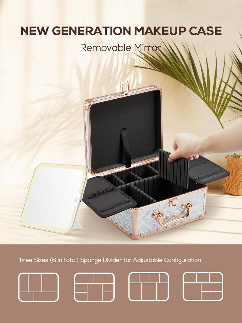 OMIRO Makeup Case, Makeup Bag with Light Up Mirror Set, Makeup Organizer Bag with Magnet Makeup Mirror for Women and Girls(Diamond Blue) - Image 5
