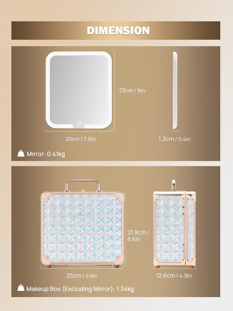OMIRO Makeup Case, Makeup Bag with Light Up Mirror Set, Makeup Organizer Bag with Magnet Makeup Mirror for Women and Girls(Diamond Blue) - Image 2