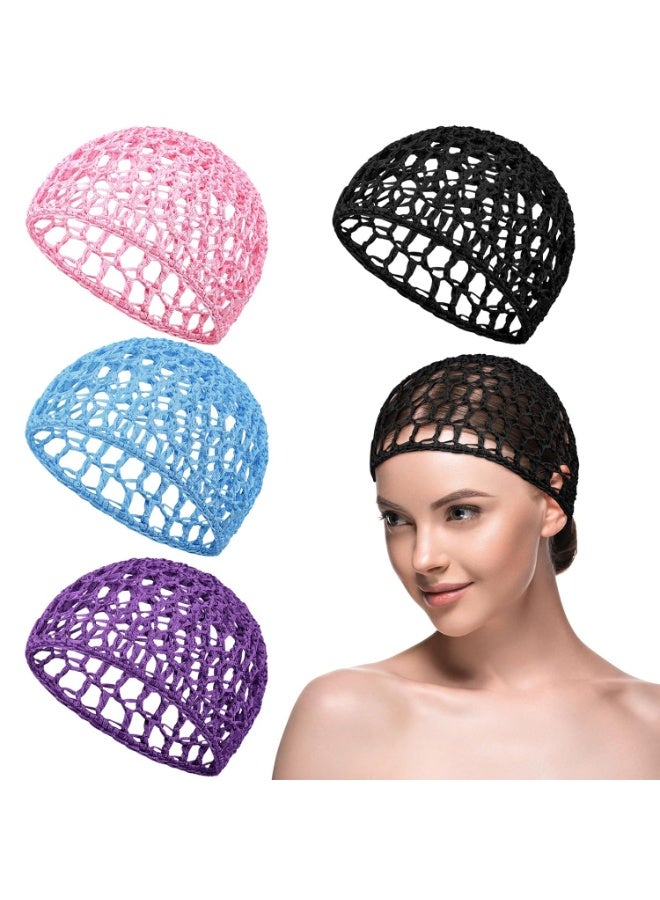 4 Pieces Mesh Crochet Hair Net Rayon Knit Snood Hat Thick Short Women Hairnet Snoods Cover Ornament for Sleeping (Black,Purple,Blue,Pink) - Image 1