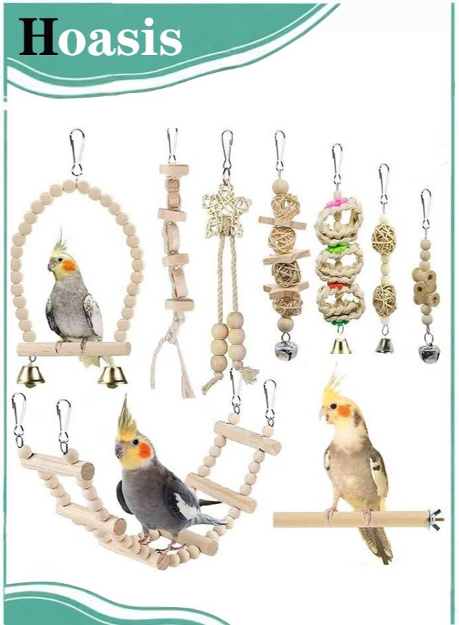 Hoasis Natural Wood Bird and Parrot Swing Toys，Includes Hanging Chew Swing, Climbing Ladder and Bird Cage for Parrot, Parakeet, Conure, Cockatiel, Mynah, Lovebirds and Finches, 9 Pieces - Image 1