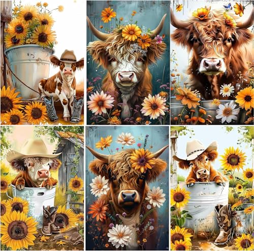EWJRNSF 6 Pack 5D Diamond Painting Kits for Adults Highland Cow Diamond Arts Kits Diamond Art SetsGem Painting by Number Kits for Adults Beginners Home Wall Decor 118x157 Inches - Image 1