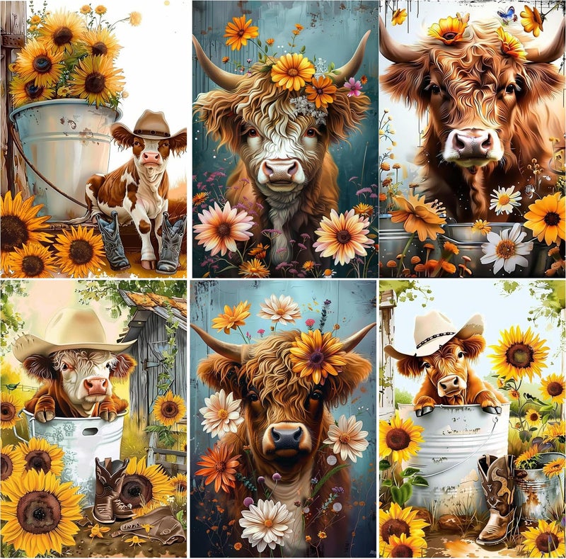 EWJRNSF 6 Pack 5D Diamond Painting Kits for Adults Highland Cow Diamond Arts Kits Diamond Art SetsGem Painting by Number Kits for Adults Beginners Home Wall Decor 118x157 Inches - Image 2