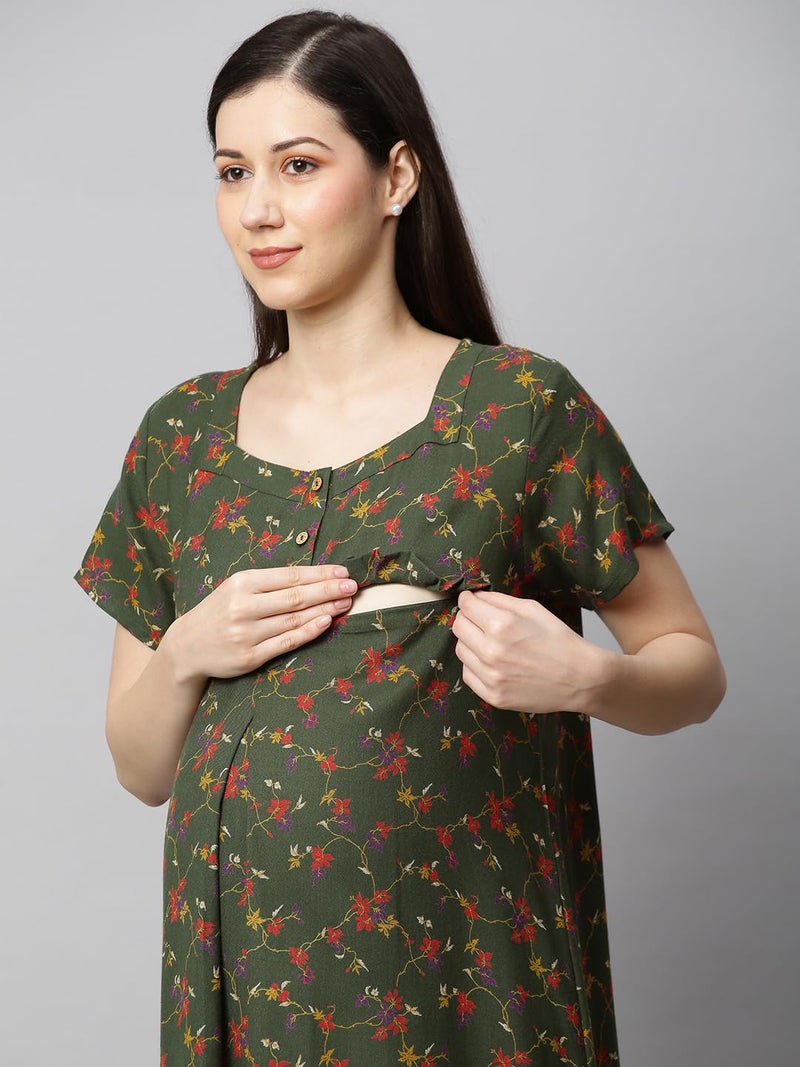MomToBe Women's Blended Floral Maxi Maternity/Feeding Nighty (2001mtbgrnflrfn-Free, Hunter Green, Free Size) - Image 5