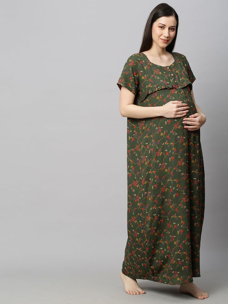 MomToBe Women's Blended Floral Maxi Maternity/Feeding Nighty (2001mtbgrnflrfn-Free, Hunter Green, Free Size) - Image 3