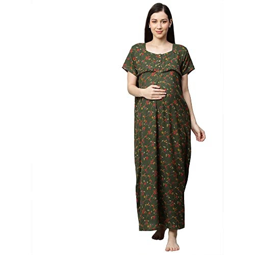 MomToBe Women's Blended Floral Maxi Maternity/Feeding Nighty (2001mtbgrnflrfn-Free, Hunter Green, Free Size) - Image 1