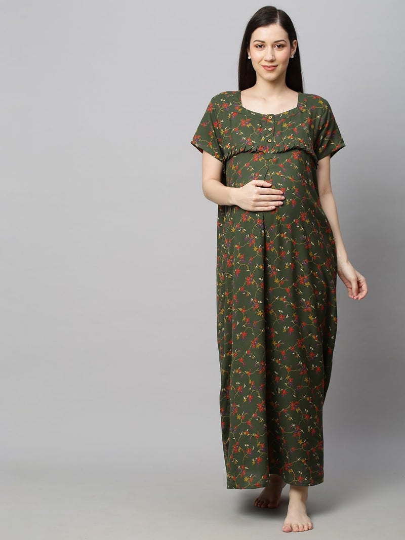 MomToBe Women's Blended Floral Maxi Maternity/Feeding Nighty (2001mtbgrnflrfn-Free, Hunter Green, Free Size) - Image 2