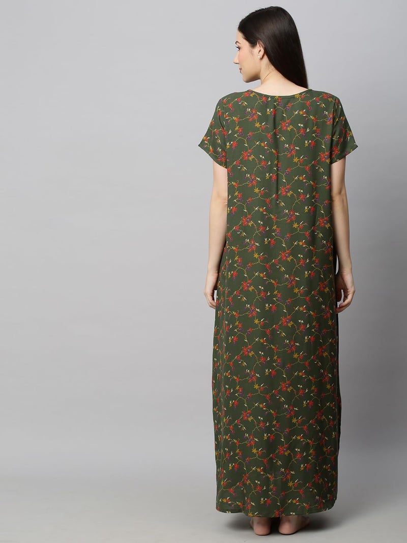 MomToBe Women's Blended Floral Maxi Maternity/Feeding Nighty (2001mtbgrnflrfn-Free, Hunter Green, Free Size) - Image 4