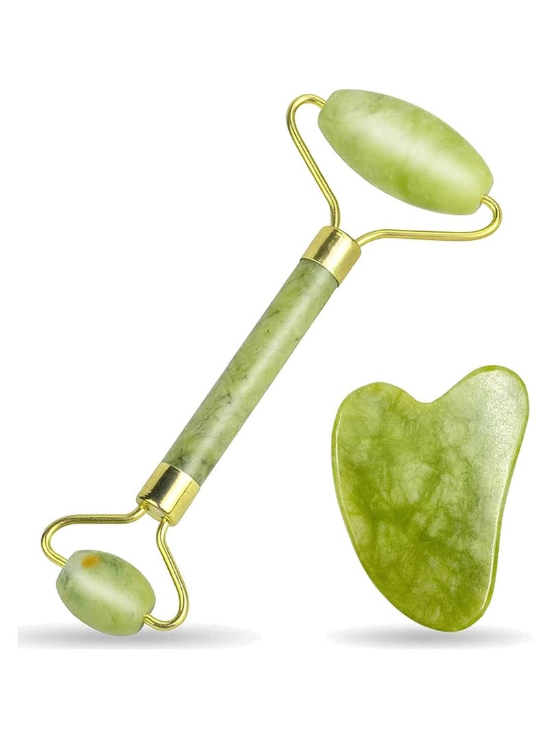 Rubik Jade Roller 2 in 1 Facial Face, Body Eyes Neck Massager Tool Reduce Wrinkles Aging Original Natural Jade Stone Green - Image 1