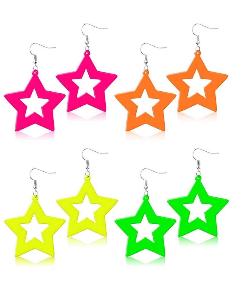 JELIEE 4 Pairs 80s Neon Earrings for Women Star Circular Oval Jewelry Retro Neon Dangle Earring for 80S Costume Dancing Party Accessory - Image 1