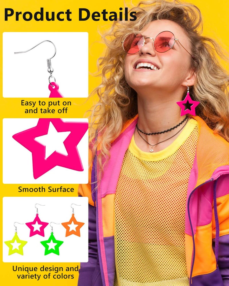 JELIEE 4 Pairs 80s Neon Earrings for Women Star Circular Oval Jewelry Retro Neon Dangle Earring for 80S Costume Dancing Party Accessory - Image 4