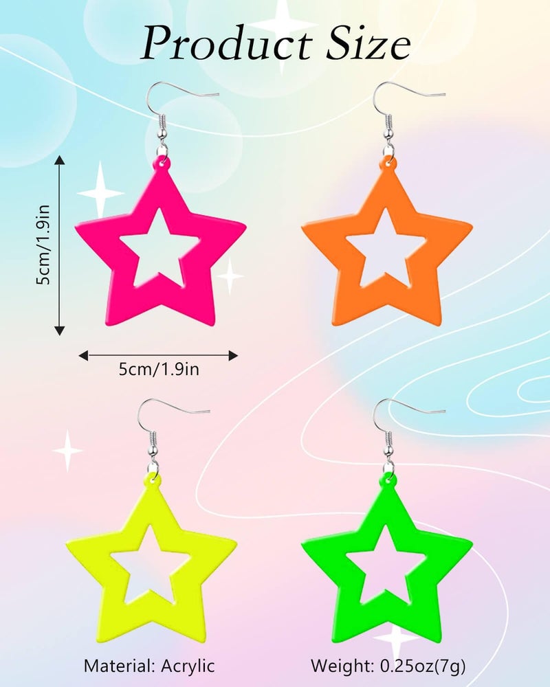 JELIEE 4 Pairs 80s Neon Earrings for Women Star Circular Oval Jewelry Retro Neon Dangle Earring for 80S Costume Dancing Party Accessory - Image 3