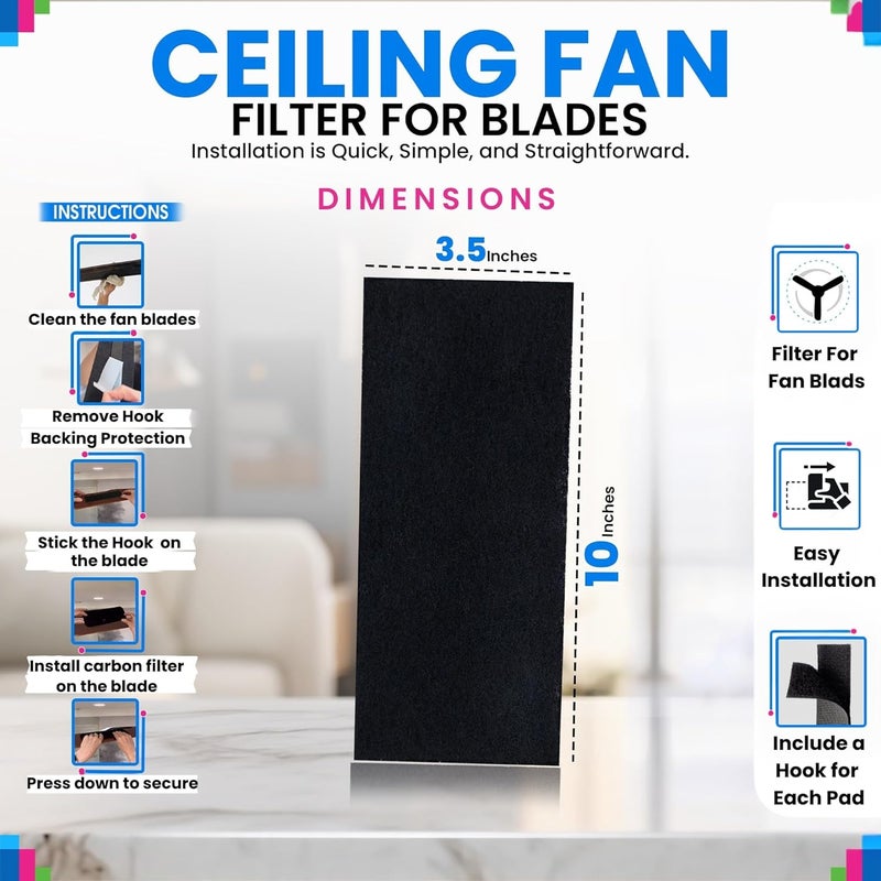 Bagean Ceiling Fan Filters for Blades - Coconut Shell Activated Carbon Unscented Dust Catcher Ceiling Fan Filter - Easy Peel & Stick on Fans - Blade Air Purifier Pads Removes Odors & Freshens the Air (3-Pcs) - Image 2