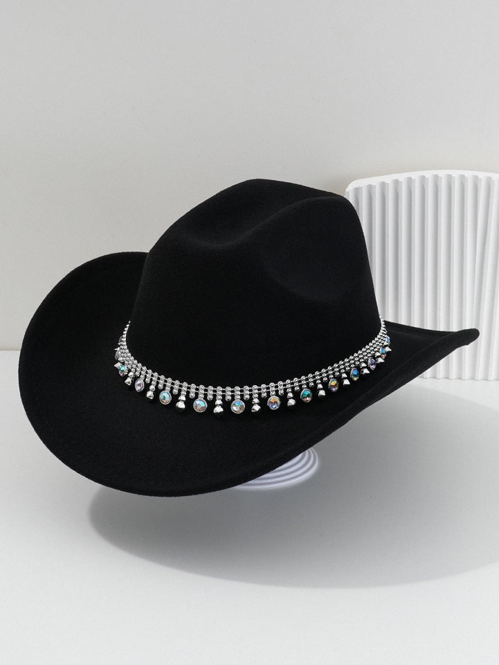 Gemstone Cowboy Hat Unisex Western Rhinestone Chain Party Hat Felt - Image 3