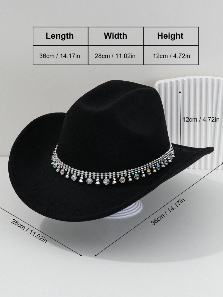 Gemstone Cowboy Hat Unisex Western Rhinestone Chain Party Hat Felt - Image 2