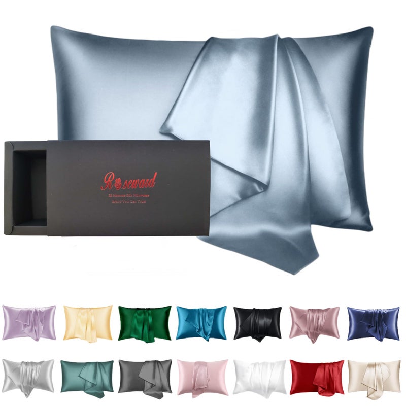 ROSEWARD Premium Natural Mulberry Silk Pillowcase for Hair and Skin Made in USA, 22 Momme 6A Silk Pillow Cases Standard Size with Zipper, Ideal for Women's Beauty Sleep, 1 Pc 20"x26" (Standard, Blue Grey) - Image 1