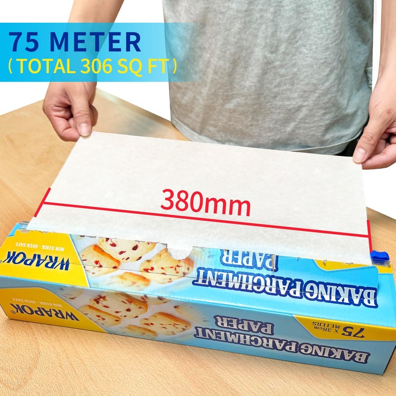 WRAPOK 1 x Baking Parchment Paper Roll Greaseproof Cooking Sheets White Non-Stick Pre-Cut Liners for Kitchen Home, 38 cm x 75 m - Image 2