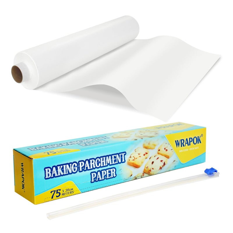 WRAPOK 1 x Baking Parchment Paper Roll Greaseproof Cooking Sheets White Non-Stick Pre-Cut Liners for Kitchen Home, 38 cm x 75 m - Image 1