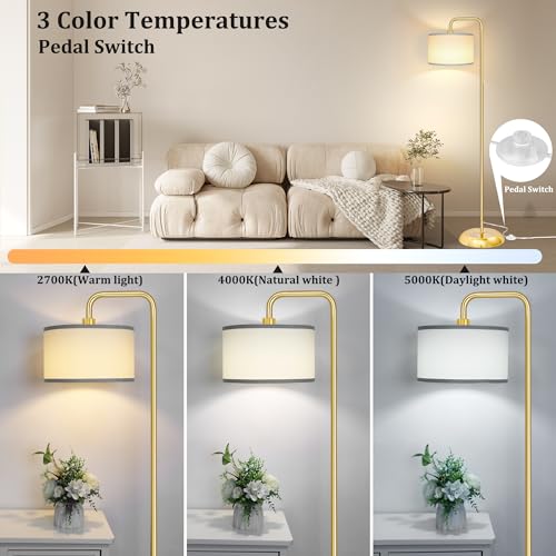 PARTPHONER [Upgraded] LED Floor Lamp for Living Room, 3 Color Temperature Floor Lamp with Foot Switch Modern Standing Lamp Tall Pole Floor Reading Lamp for Bedroom, Study Room, Office, 9W Bulb Included, Gold - Image 2