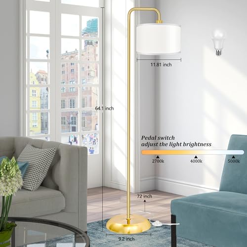 PARTPHONER [Upgraded] LED Floor Lamp for Living Room, 3 Color Temperature Floor Lamp with Foot Switch Modern Standing Lamp Tall Pole Floor Reading Lamp for Bedroom, Study Room, Office, 9W Bulb Included, Gold - Image 4