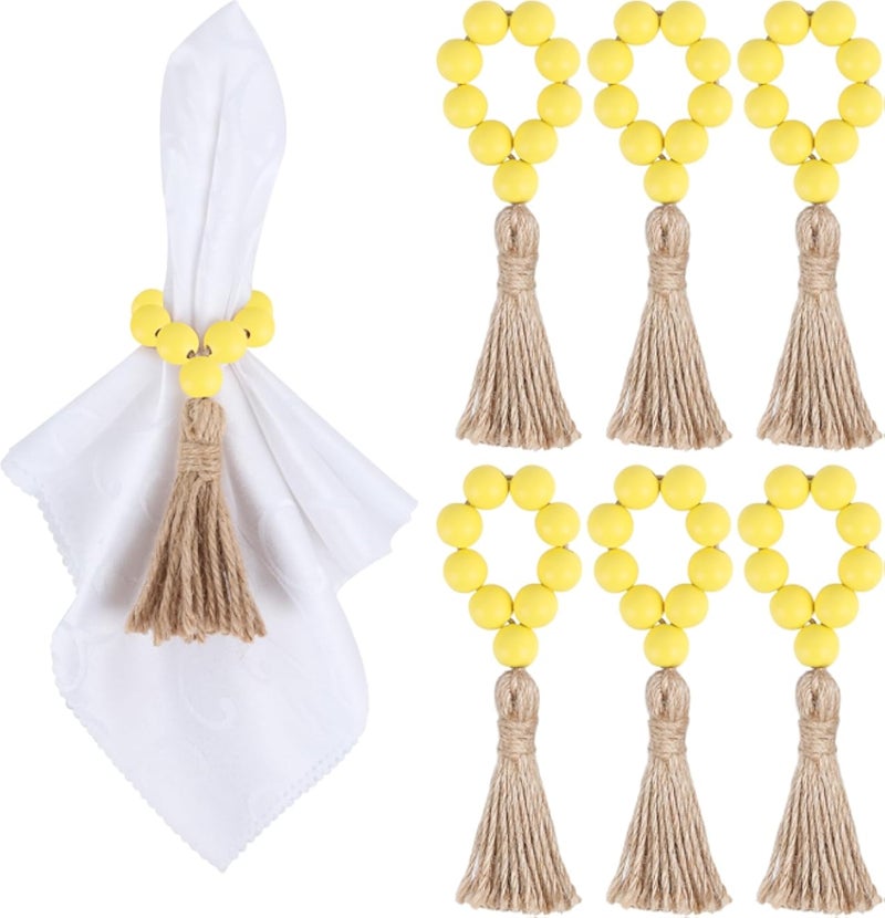 Meplait 6 Pieces Wooden Bead Napkin Rings,Farmhouse Stretchable Napkin Rings with Tassel Boho Napkin Rings for Dining Table,Wedding Decoration (Yellow)