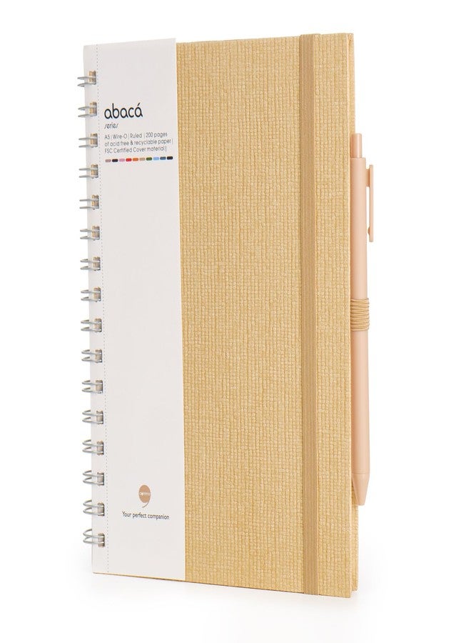 COMMA Abaca - A5 Size - Wire-O-Bound Spiral Notebook with Pen & Elastic Band Closure - 200 Pages - 80gsm Natural Shade Paper - Textured Cover Material - (Beige) - Image 1
