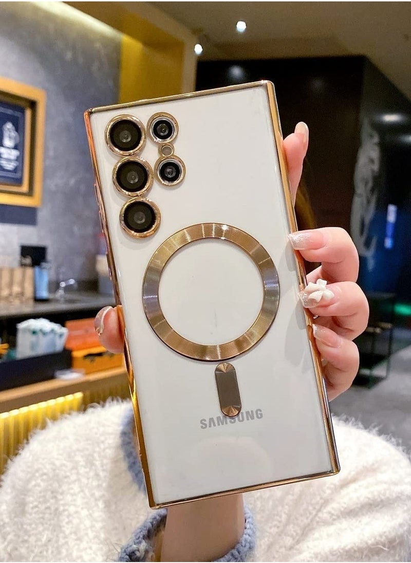 Raxoom for Samsung Galaxy S23 Ultra Case Magnetic Clear with Camera Lens Protector Full Protection MagSafe Electroplated Silicone Slim Fit Shockproof Protective Case Cover - Gold - Image 3