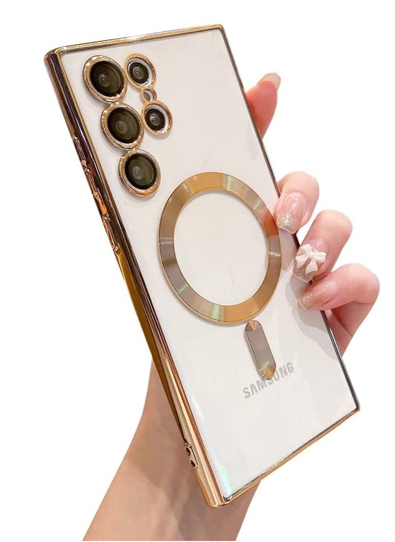 Raxoom for Samsung Galaxy S23 Ultra Case Magnetic Clear with Camera Lens Protector Full Protection MagSafe Electroplated Silicone Slim Fit Shockproof Protective Case Cover - Gold - Image 1