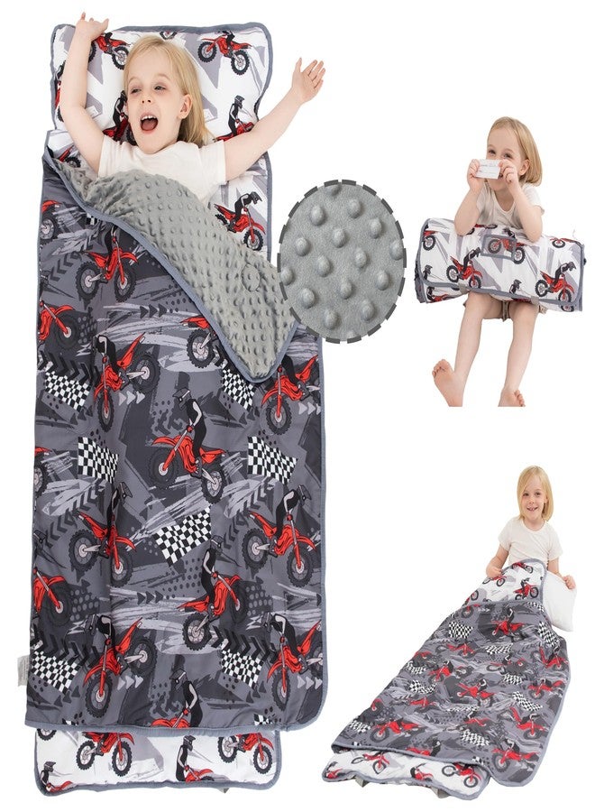 Viviland Toddler Nap Mat with Pillow and Minky Dot Blanket, Rolled Large Sleeping Mat for Boys, Kids Slumber Bag/Nap Mat for Preschool, Daycare, Kindergarten, Travel Camping - Cool Motocycle - Image 1