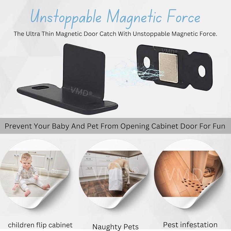 VMD , Slim L Magnetic Door Catch, Ultra Thin S.S Cabinet Door Magnets with Screws, Magnetic Door Stopper Safety Latches for Kitchen Cupboard Closet. (Black - Pack of 5) - Image 4