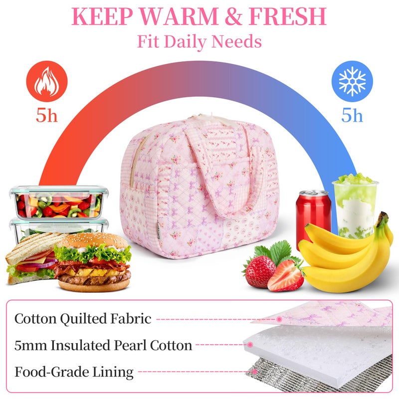 WOBAGMEN Quilted Lunch Box for Women,Coquette Aesthetic Lunch Box for Teen Girls,Cute Floral Lunch Bags for Work, School,Office,Picnic,Travel (purple pin) - Image 3