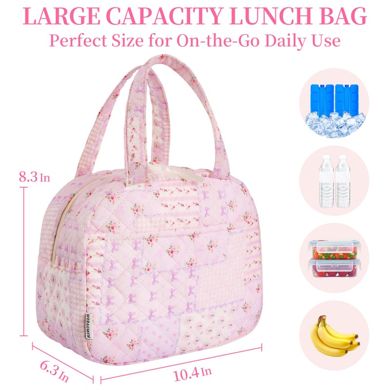 WOBAGMEN Quilted Lunch Box for Women,Coquette Aesthetic Lunch Box for Teen Girls,Cute Floral Lunch Bags for Work, School,Office,Picnic,Travel (purple pin) - Image 2