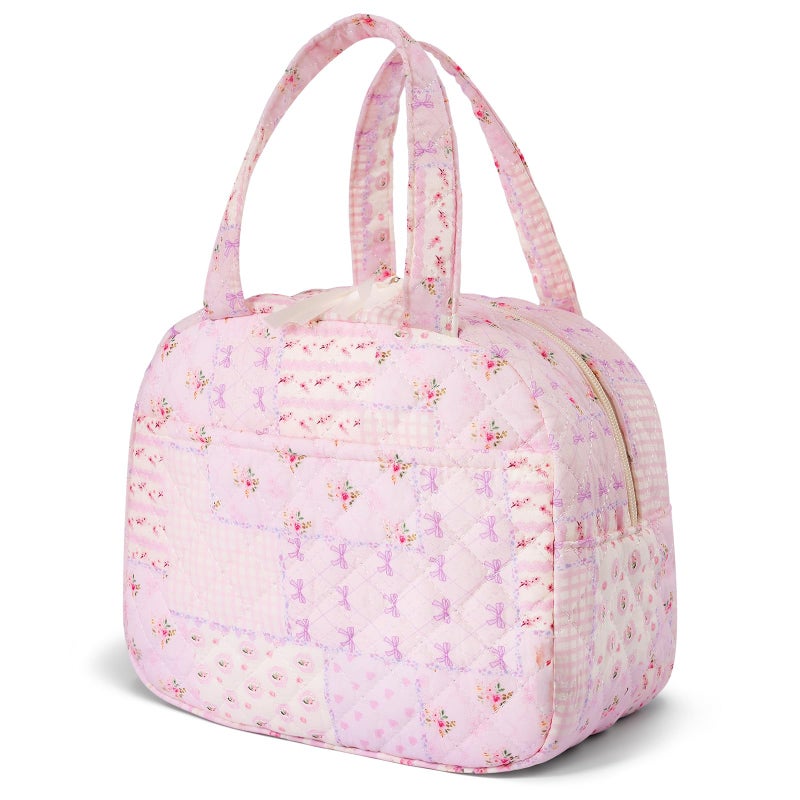 WOBAGMEN Quilted Lunch Box for Women,Coquette Aesthetic Lunch Box for Teen Girls,Cute Floral Lunch Bags for Work, School,Office,Picnic,Travel (purple pin) - Image 1