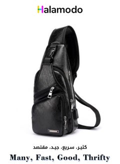 Men's Sling Bag with USB Charging Port Waterproof Casual Leather Backpack Chest Crossbody Bag Hiking Backpack with Multi Pockets & Buckle Design & Adjustable Straps