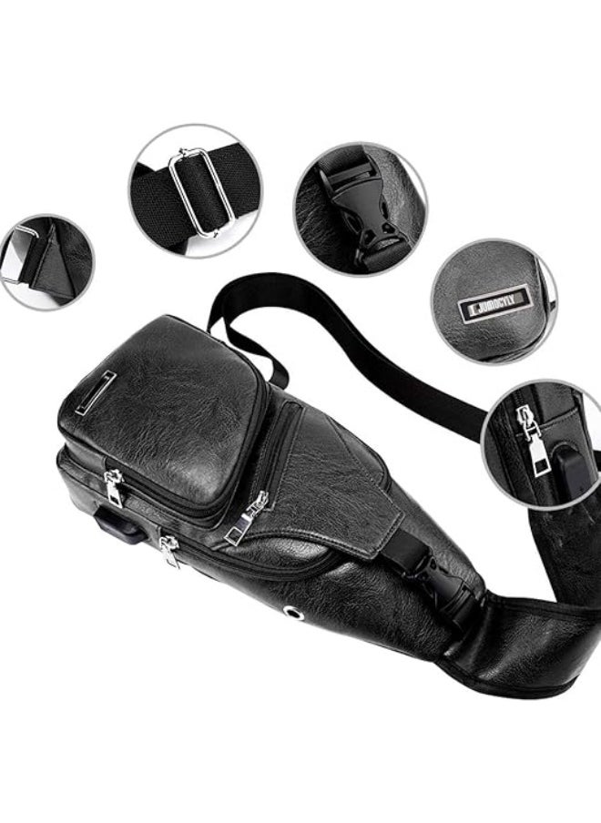 Generic - Men's Sling Bag with USB Charging Port Waterproof Casual Leather Backpack Chest Crossbody Bag Hiking Backpack with Multi Pockets & Buckle Design & Adjustable Straps - Image 1