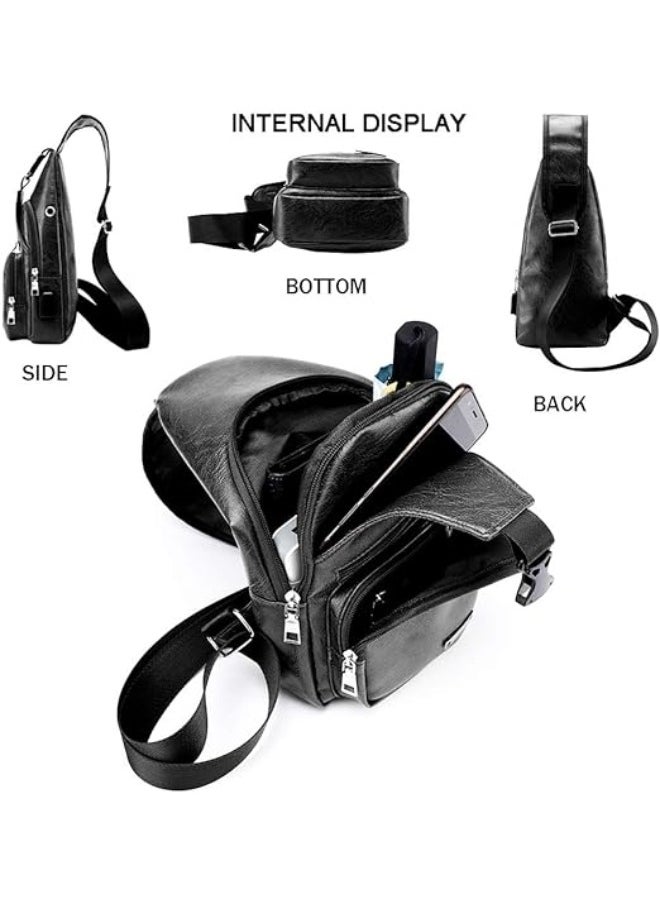 Generic - Men's Sling Bag with USB Charging Port Waterproof Casual Leather Backpack Chest Crossbody Bag Hiking Backpack with Multi Pockets & Buckle Design & Adjustable Straps - Image 1