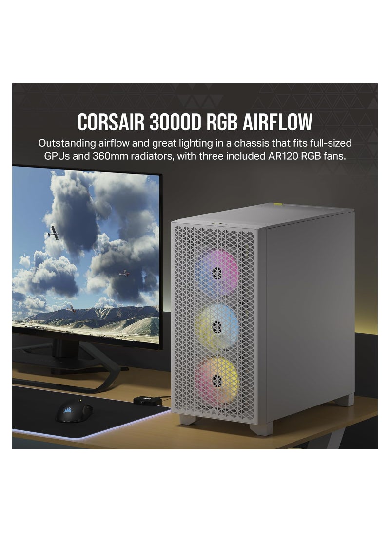 كورسير حافظة كمبيوتر متوسطة الحجم بتدفق هواء 3000D RGB - أبيض - 3X مراوح AR120 RGB - دعم وحدة معالجة الرسومات رباعية الفتحات - تناسب ما يصل إلى 8X 120 مم من المعجبين - تصميم عالي تدفق الهواء - Image 2