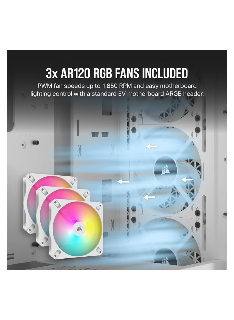 كورسير حافظة كمبيوتر متوسطة الحجم بتدفق هواء 3000D RGB - أبيض - 3X مراوح AR120 RGB - دعم وحدة معالجة الرسومات رباعية الفتحات - تناسب ما يصل إلى 8X 120 مم من المعجبين - تصميم عالي تدفق الهواء - Image 4
