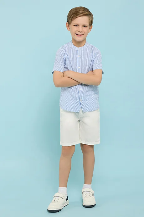 R&b Striped Shirt with Mandarin Collar & Short Sleeves