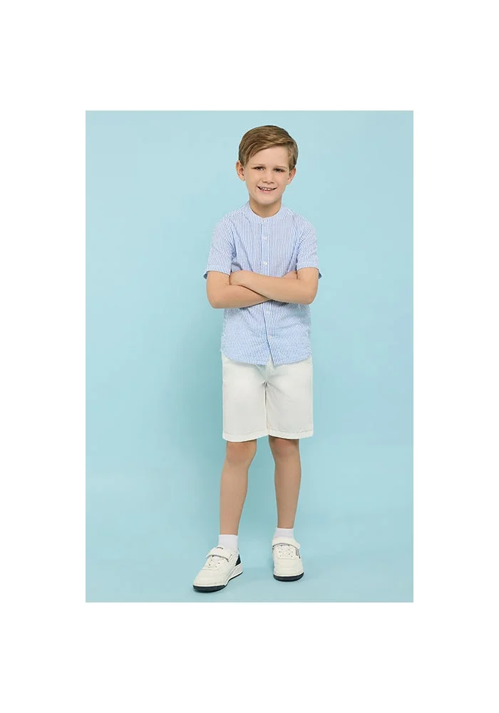 أر أند بي Striped Shirt with Mandarin Collar & Short Sleeves