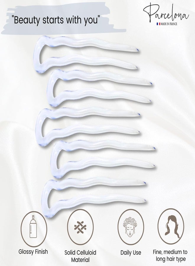 Parcelona French Mystic Large 3" Clear Celluloid Made in France Set of 6 Wavy Crink U Shaped Chignon Hair Pins Updo Bun Pin Sticks for Women and Girls - Image 2