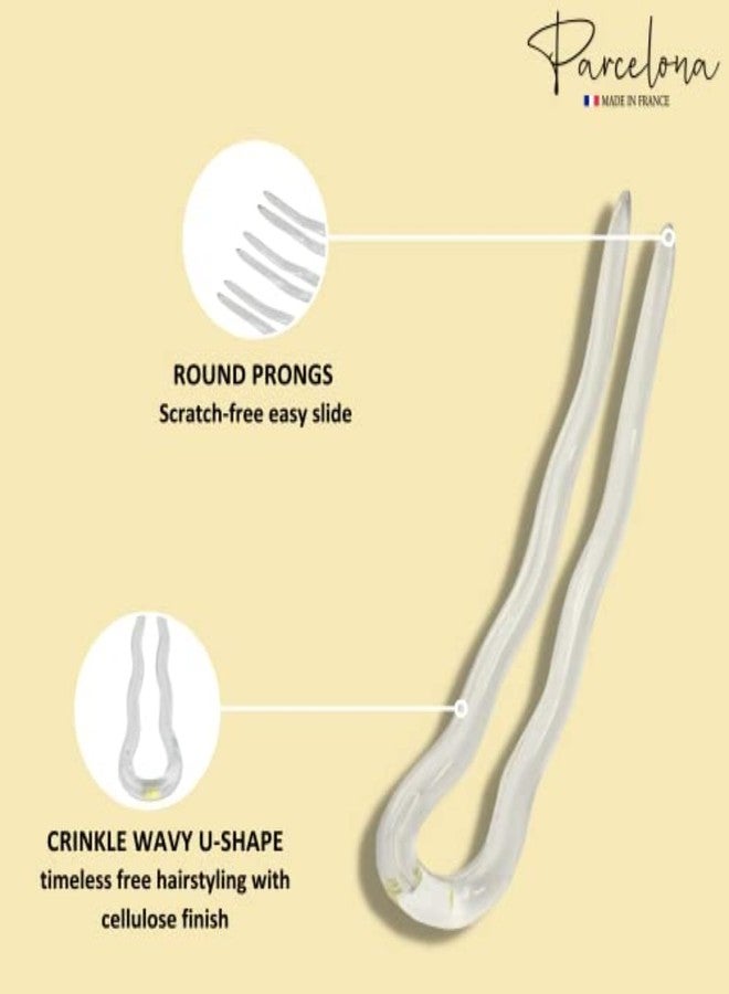 Parcelona French Mystic Large 3" Clear Celluloid Made in France Set of 6 Wavy Crink U Shaped Chignon Hair Pins Updo Bun Pin Sticks for Women and Girls - Image 4