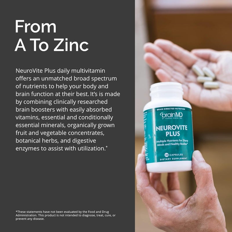 BRAINMD دكتور أيمين براين إم دي نيوروفيت بلس 120 كبسولة مكمل متعدد الفيتامينات والمعادن معزز بالفيتونutrients والإنزيمات والأطعمة الكاملة خالي من الجلوتين 30 حصة - Image 5