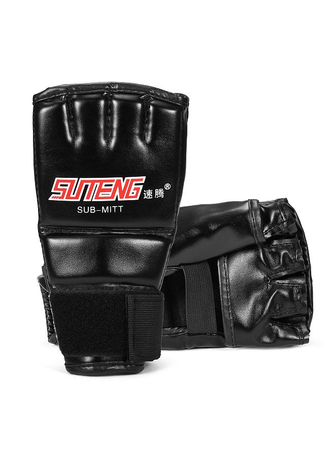 SUTENG PU Leather Half Mitts Mitten Muay Thai Training Punching Sparring Boxing Gloves Red  - Image 1