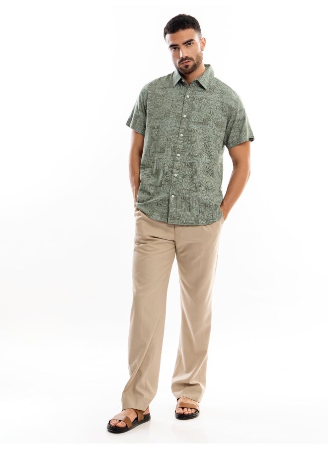 Beyoung Crocodile Green Geometric Print Half Sleeve Mens Shirt  - Image 1