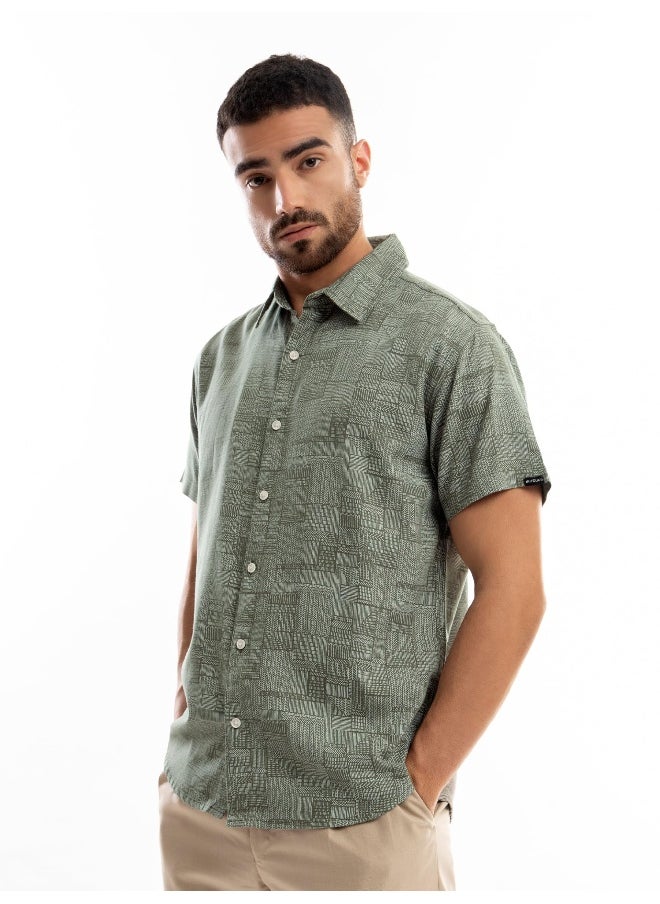 Beyoung Crocodile Green Geometric Print Half Sleeve Mens Shirt  - Image 5