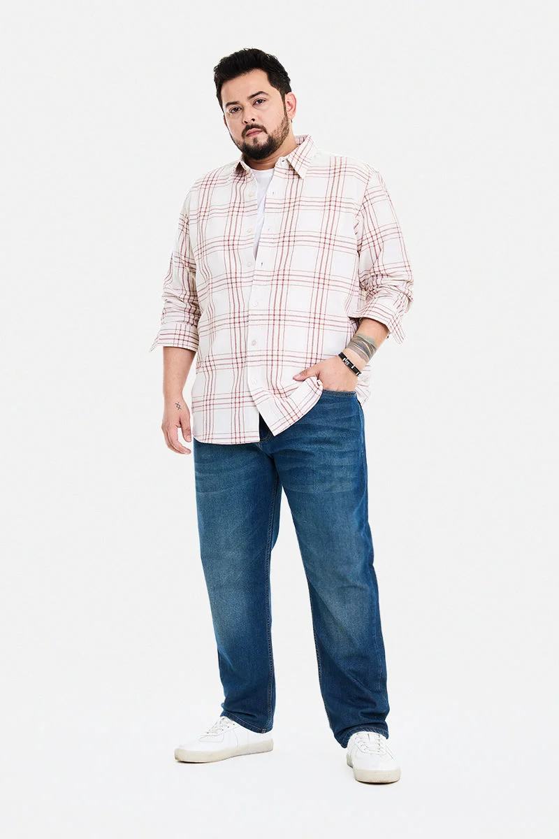 سنيتش Cream Checkered Long Sleeve Regular Fit Casual Plus Size Shirt