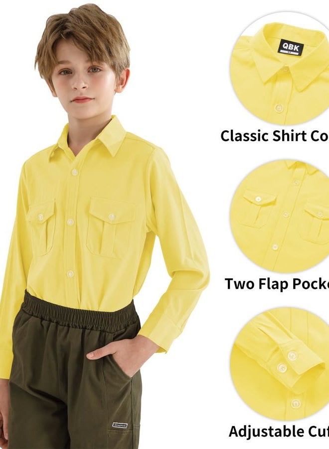 QBK Boys' 2T-16Y Long Sleeve Button Down Shirt for Kids Woven Solid Two Pockets Wrinkle-Resistant, Yellow, 10 Years - Image 3