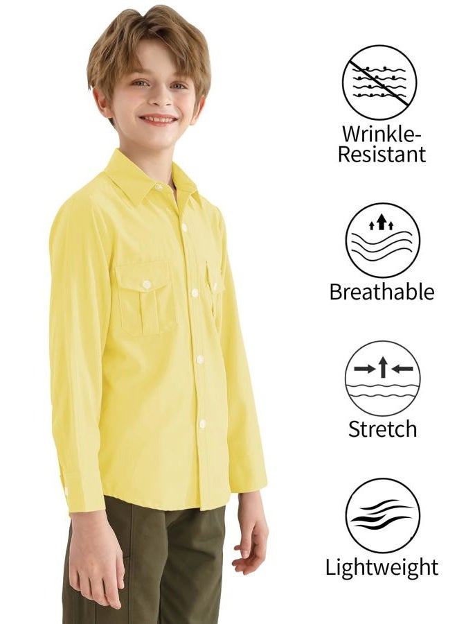 QBK Boys' 2T-16Y Long Sleeve Button Down Shirt for Kids Woven Solid Two Pockets Wrinkle-Resistant, Yellow, 10 Years - Image 4